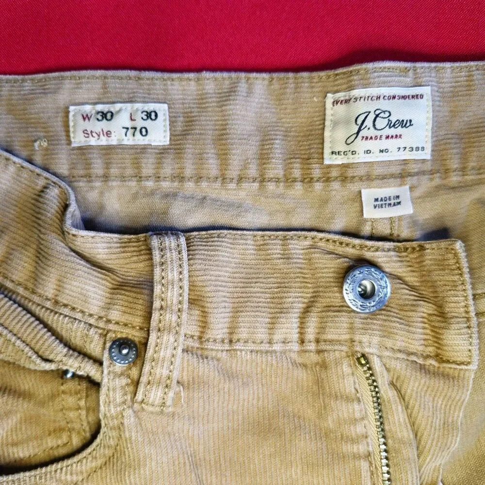 J.Crew 770 Men’s Straight Fit Corduroy Pants 30x30 Tan Brown Camel Stretch